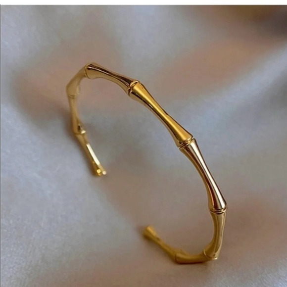 Gold Tone Bamboo Bangle Bracelet Open Cuff Minimalist Statement Jewelry - Picture 4 of 4